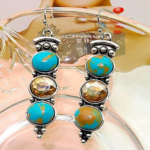 Silver Vintage Handmade Boho Turquoise Dangle Drop Stone Citrine Earrings - Picture 1 of 4